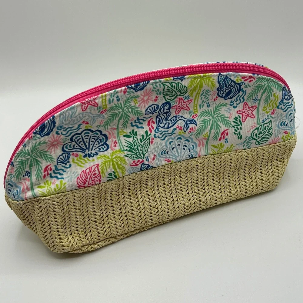 Colorful Tropical Mermaid Shell Cosmetic Bag‎ Woven Bottom Zip Pouch Travel NWOT